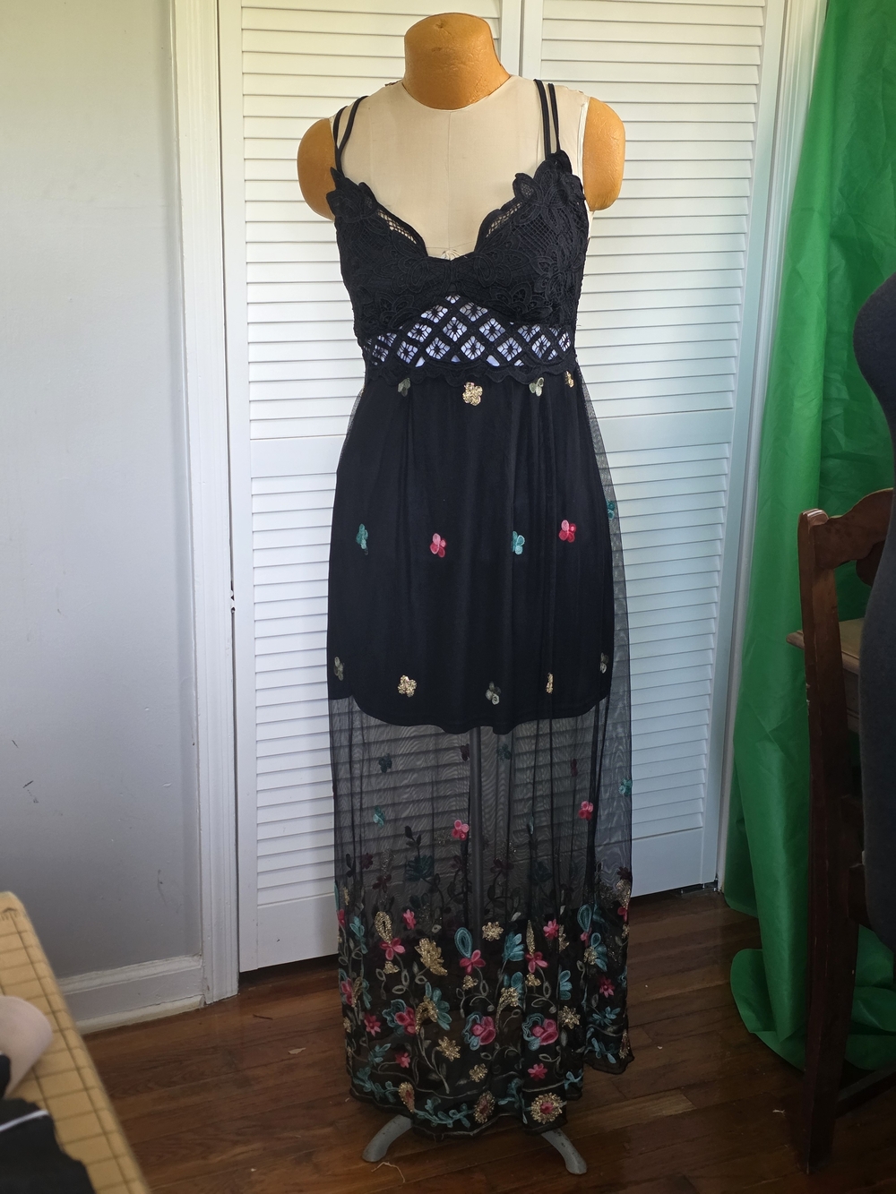 Rebellion Again Black Lace Floral Embroidered Maxi Dress Sheer Mesh Boho Sz S